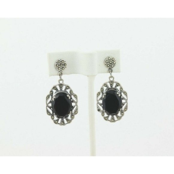 Vintage Sterling Silver Imitation Onyx and Marcasite Earrings Drop Earrings - Picture 4 of 7